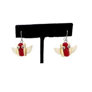 Kitschy Hot Dog Earrings with Wings Fast Food Lover Funny Food Googly Eyes